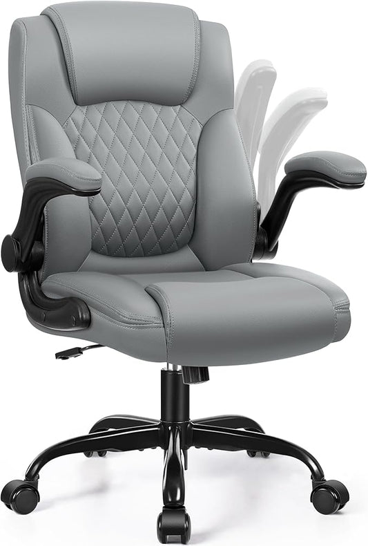 Leather Office Chair, PU Home Computer Desk Chairs with Ergonomic Back Support, 360°Swivel Free，Small Gaming Chair with Wheels and Adjustable Armrests, for Short People Use, Gray