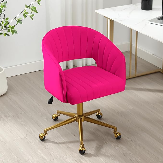 ABET Desk Chair with Wheels, Velvet Home Office Chair, Swivel Armchair Gold Base, Upholstered Modern Accent Chairs, Back Incline Adjustable for Living Room Bedroom Vanity, Hot Pink