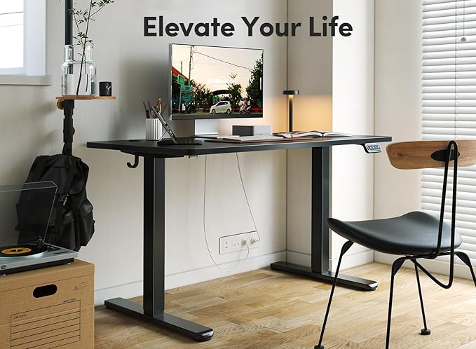 FEZIBO 55 x 24 Inchs Electric Standing Desk, Height Adjustable, Sit Stand Up, Computer Office Desk with Splice Board, Black Frame/Black Top