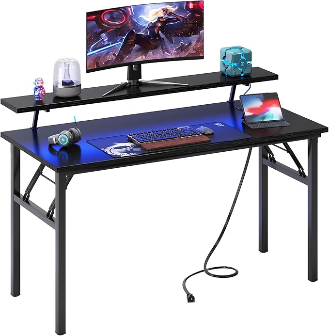sogesfurniture 47 inch Computer Desk with LED Lights & Power Outlets, Folding Desk with Monitor Shelf, Wide Folding Table Writing Desk Foldable Home Office Desk, Black