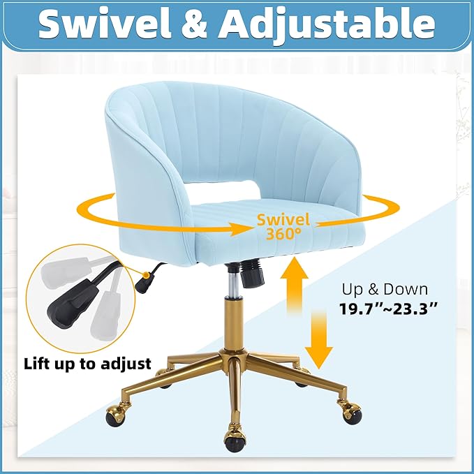 ABET Desk Chair with Wheels, Velvet Home Office Chair, Swivel Armchair Gold Base, Upholstered Modern Accent Chairs, Back Incline Adjustable for Living Room Bedroom Vanity, Light Blue
