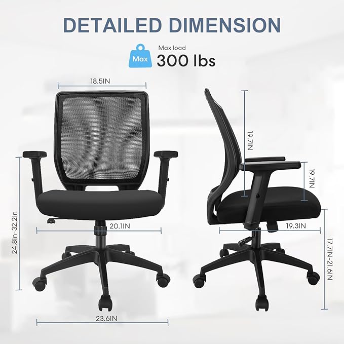 Ergonomic Office Chair Home Mesh Desk Chair with Adjustable Arms - Mid Back Computer Chairs for Adults - Swivel Task Chair Comfortable for Home Office (Black)