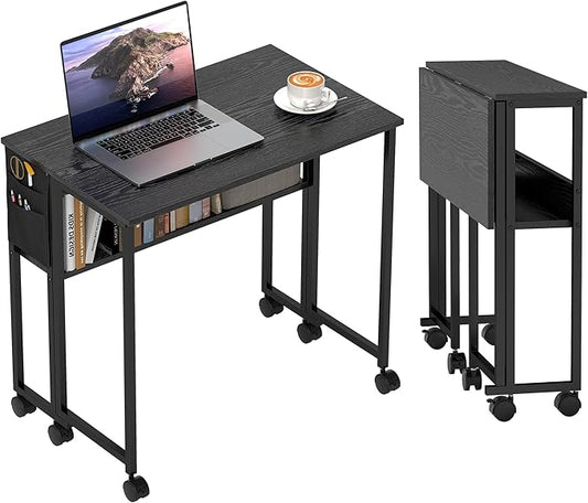 HOMCOM Small Folding Desk, Rolling Computer Desk Foldable with Storage Bag and Shelf, 31.5" Portable Writing Table on Wheels for Small Spaces, Home Office, Study, Easy Assembly, Black