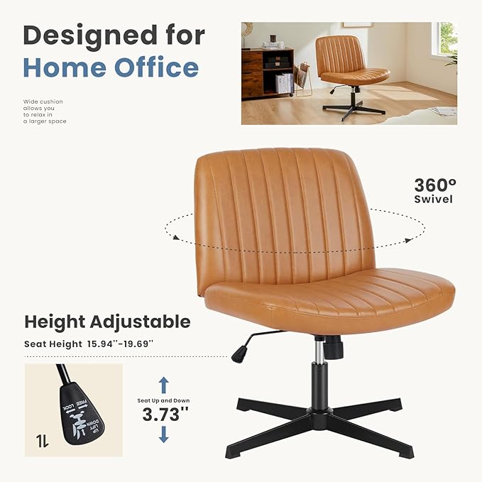 DUMOS Desk Chair No Wheels, Criss Cross Chair Wide Cross Legged Office Desk Vanity Chair, PU Leather Armless Adjustable Swivel Chairs for Home Computer Task Brwon