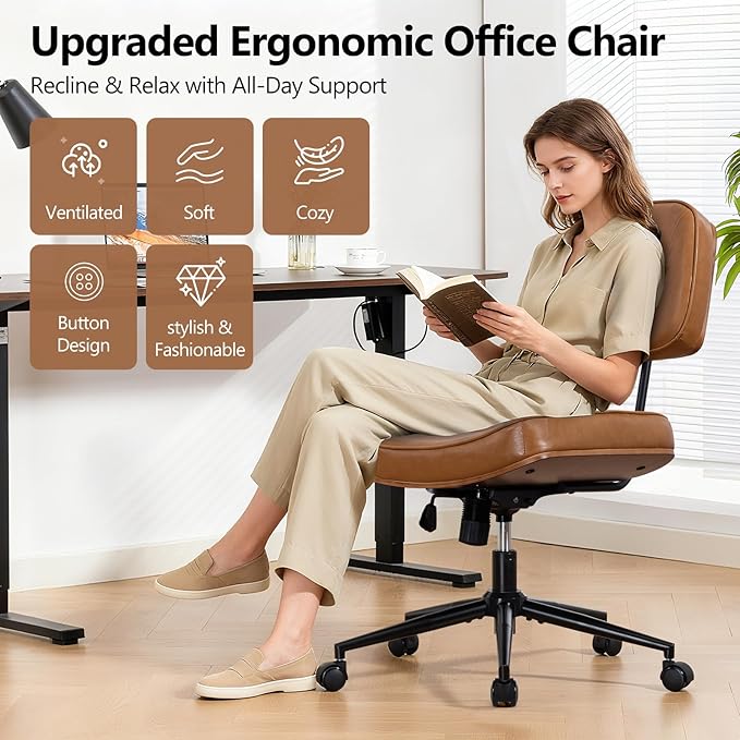 Armless Computer Chair, Small Desk Chair with Wheels and Adjustable Height, PU Leather Modern Swivel Walnut Task Chair for Home Office, Study, Library,Brown