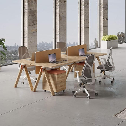 SAINTCY 4 Person Office Workstation Desk with Wheeled Cabinet, Partition Dividers & Built-in Power Outlets, Modular Offices Workstation for Collaborative Workspaces, Office Staff Desks with Storage
