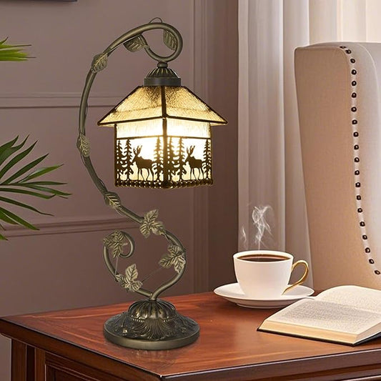 Tiffany Style Table Lamp, Small Stained Glass Lamp for Bedside, Bedroom, Nightstand, Living Room, 8 Inch Mini Vintage Handcrafted Desk Lights Included Three-Color E26 LED(Deer House)