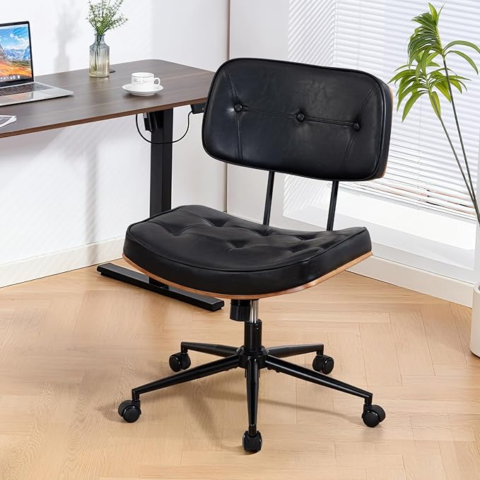 Armless Computer Chair, Small Desk Chair with Wheels and Adjustable Height, PU Leather Modern Swivel Walnut Task Chair for Home Office, Study, Library, Black