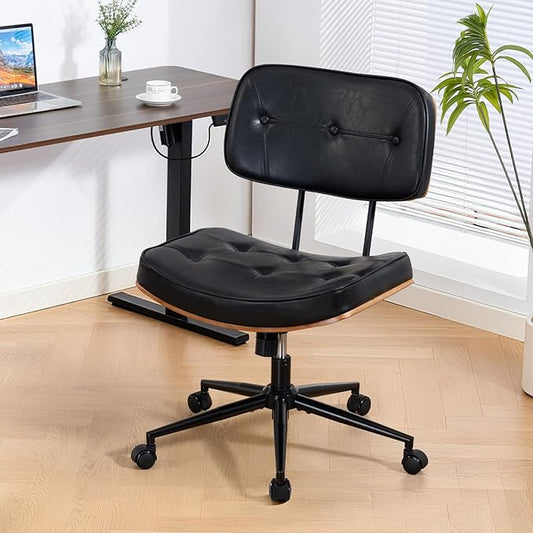 Armless Computer Chair, Small Desk Chair with Wheels and Adjustable Height, PU Leather Modern Swivel Walnut Task Chair for Home Office, Study, Library, Black