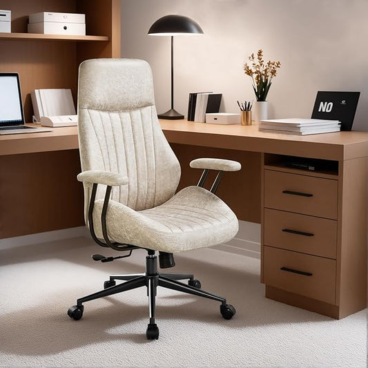 ovios Ergonomic High Back Office Chair, Mid-Century Modern Faux Suede Leather Chair with Padded Armrests, Comfy Executive Computer Task Swivel Rolling Chairs, Beige