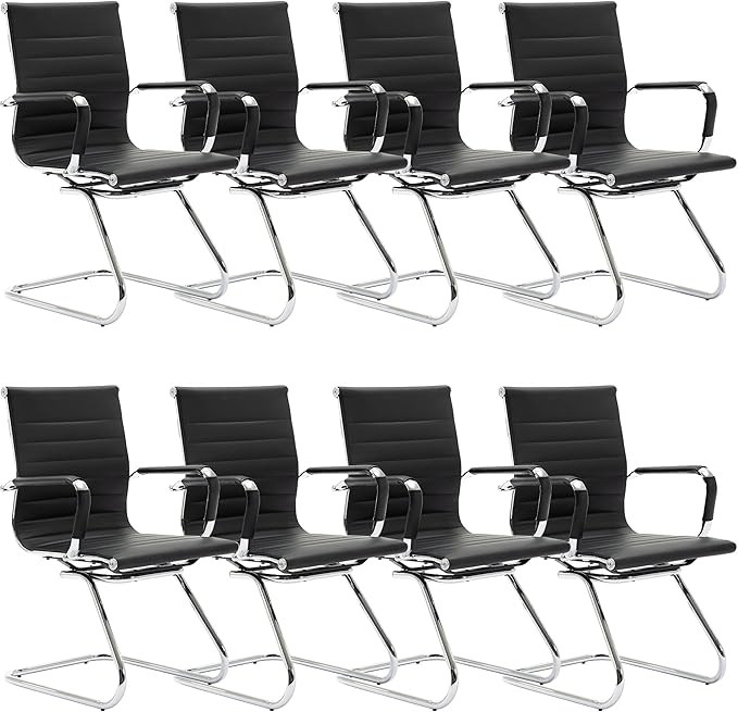 Wahson Office Guest Chairs Set of 8, Leather Reception Chairs, Mid Back Waiting Room Chair, Conference Chairs with Sled Base, Desk Chair No Wheels for Meeting/Lobby/Restroom, Black