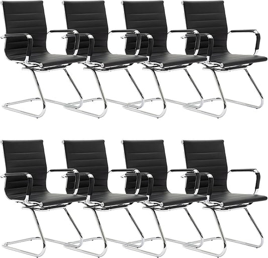 Wahson Office Guest Chairs Set of 8, Leather Reception Chairs, Mid Back Waiting Room Chair, Conference Chairs with Sled Base, Desk Chair No Wheels for Meeting/Lobby/Restroom, Black