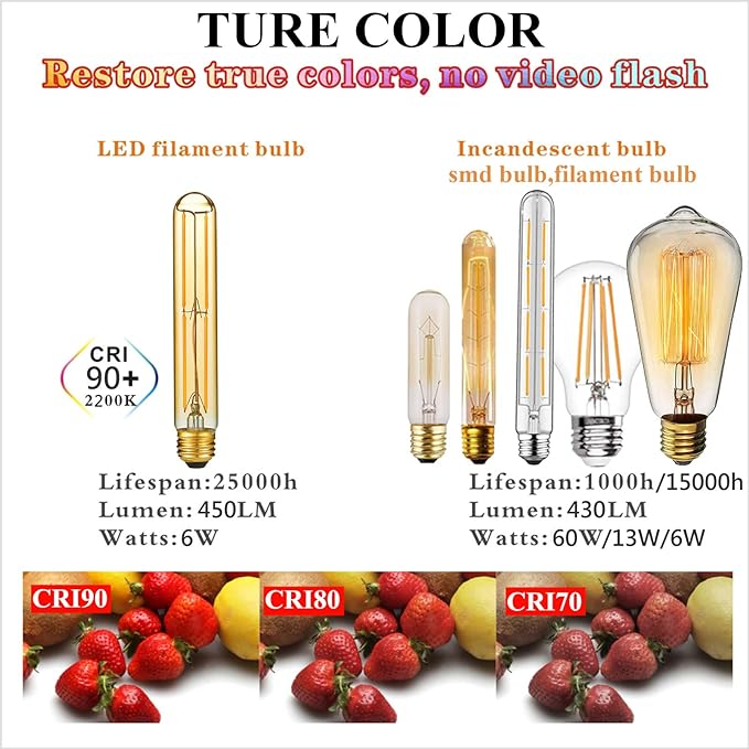 LiteHistory E26 LED Bulb Dimmable 6W led Bulb Equal 60 Watt Light Bulb Warm White 2200K Amber Edison Bulb AC120V 450lm T10 led Bulb for Rustic Pendant,Industrial Wall sconces E26 Light Bulbs 6Pack