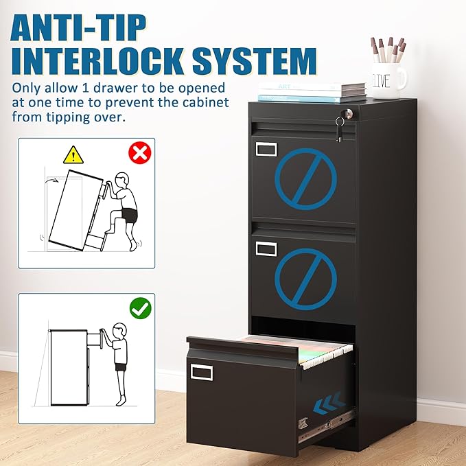 3 Drawer File Cabinet with Lock, Metal Vertical Filing Storage Cabinet, Black Filing Cabinets for Home Office, Narrow File Cabinet Locked for A4/F4/Letter/Legal, Easy Assemble