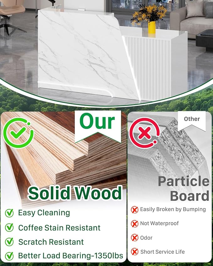 White Reception Desk, Solid Wood Reception Desk with Counter, Check Out Stand with Lockable Drawer & Cabinet, Retail Checkout Counter for Office, Store, Beauty Salon (White Grille-R, 71in)