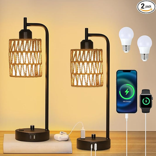 Rattan Table Lamps for Living Room Set of 2, Boho Bedside Lamps with LED Bulbs, USB Charging Ports and Outlet, Farmhouse Nightstand Lamp with Woven Shade, Black Desk Lamp for Bedroom Office