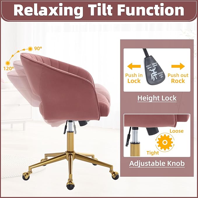 ABET Desk Chair with Wheels, Velvet Home Office Chair, Swivel Armchair Gold Base, Upholstered Modern Accent Chairs, Back Incline Adjustable for Living Room Bedroom Vanity, Bean Paste Red