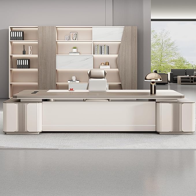 102IN Modern Executive Desk - Executive Office Desk with Large - Capacity Locker & Arc Design & Hidden Multimedia Wire Box & Safety Combination Lock & Privacy Baffle