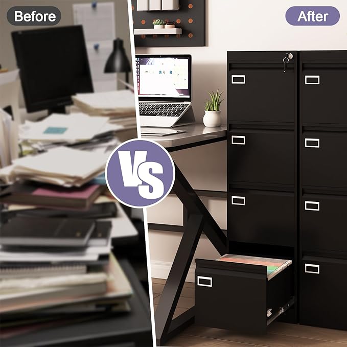 4 Drawer Metal File Cabinet with Lock, Black Lockable Filing Cabinets, Vertical Small File Cabinet with Key, Under Desk Filing Cabinets for Home Office
