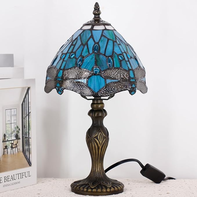 Small Tiffany Lamp Stained Glass Table Lamp Mini Desk Accent Light for Bedroom Bedside Reading Home Antique Style Decor 8X15 Inches (Green Dragonfly)