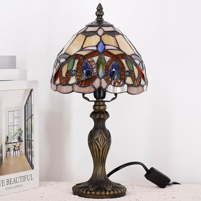 Small Tiffany Lamp Stained Glass Table Lamp Mini Desk Accent Light for Bedroom Bedside Reading Home Antique Style Decor 8X15 Inches (Serenity Victorian)