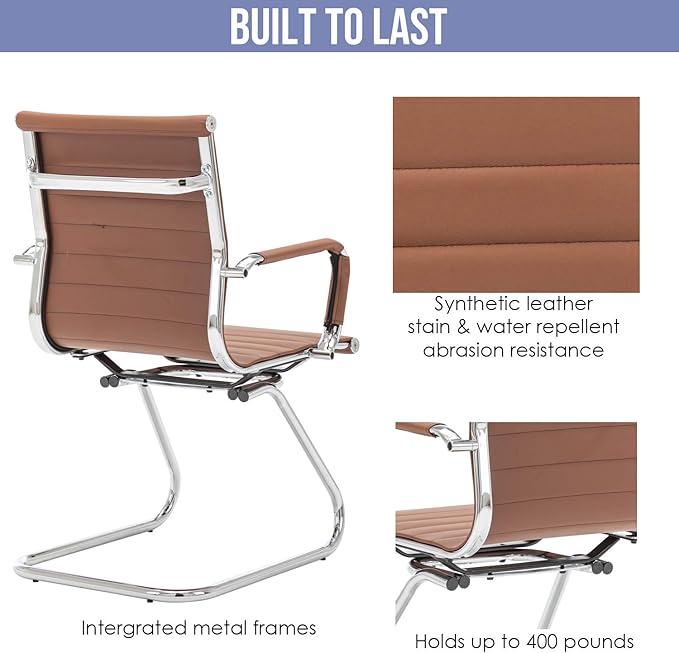 Wahson Office Guest Chairs Set of 6, Leather Reception Chairs, Mid Back Waiting Room Chair, Conference Chairs with Sled Base, Desk Chair No Wheels for Meeting/Lobby/Restroom, Coffee