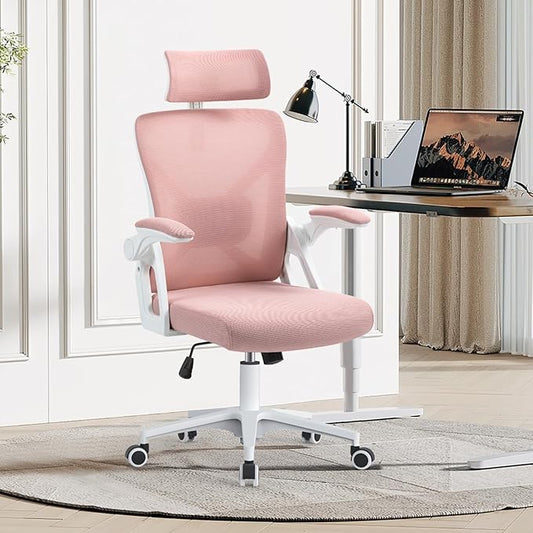 SEATZONE Ergonomic Office Chair Mesh Back Support Desk Chairs with Wheels and Flip-up Arms, Comfortable Computer Chair Lumbar Support for Teens and Adults,Light Pink