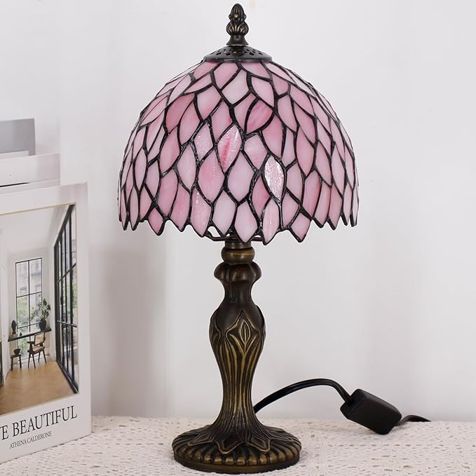 Small Tiffany Lamp Stained Glass Table Lamp Mini Desk Accent Light for Bedroom Bedside Reading Home Antique Style Decor 8X15 Inches (Pink Wisteria)