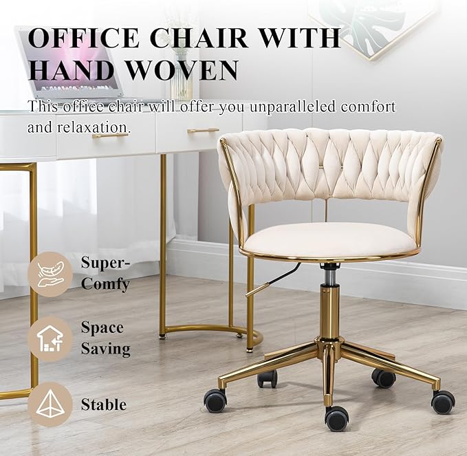 Home Office Chair with Hand Woven, Velvet Upholstered Desk Chair with Open Back, 360° Swivel & Height Adjustable Task Chair, Ergonomic Office Chair with Gold Base (Ivory)