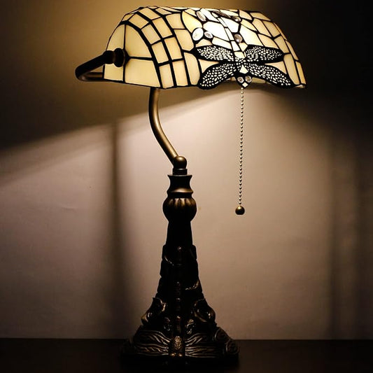 Tiffany Banker Lamp Small Stained Glass Table Lamp Tiffany Style Piano Light Cream Dragonfly Style Desk Lamp Angle Adjustable 10.6X15.7 Inch for Home Office Living Room Bedroom