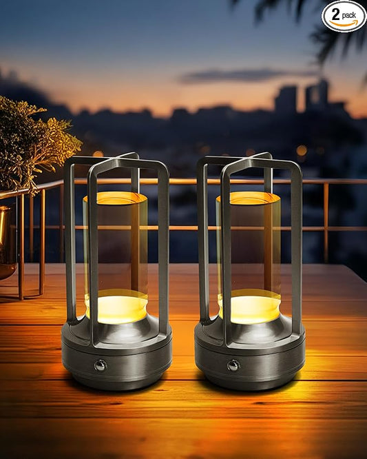 Set of 2 Cordless Table Lamps, LED Rechargeable Battery Operated Desk Lamps with 3 Color Stepless Dimmable, Small Light Portable for Outdoor Patio Bar Restaurants Bedroom Bedside (Silver)