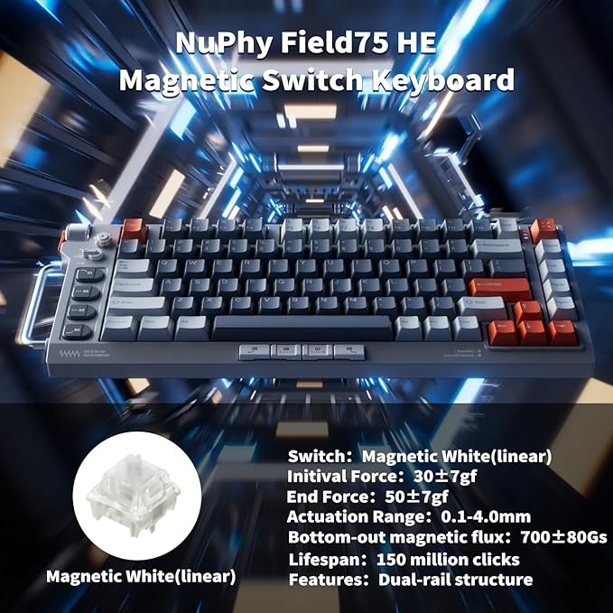 nuphy Field75 HE Rapid Trigger Wired Magnetic Keyboard,83 Keys,PBT Keycaps,Hot-Swap RGB Backlit Gaming Keyboard, 75% Layout Hall Effect Keyboard with Knob,8K Hz Polling Rate-Magnetic White Switch