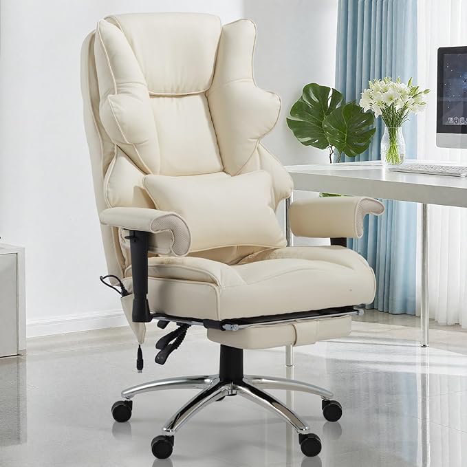 Massage Office Chair with Foot Rest, Ergonomic Executive Heated Office Chair with Reclining Backrest, Adjustable Arms and Lumbar Support, High Back Leather Desk Chairs for Home Office, Beige