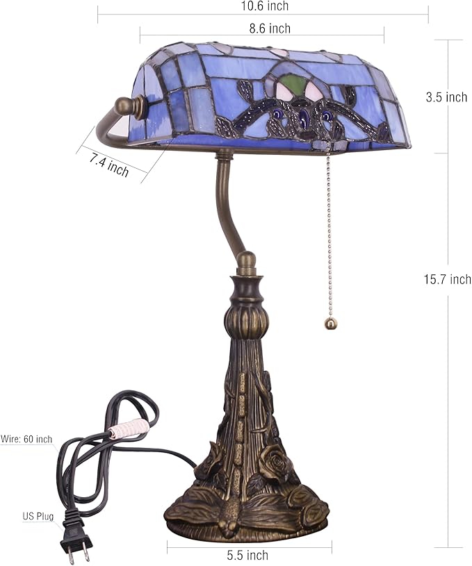 Tiffany Banker Lamp Small Stained Glass Table Lamp Tiffany Style Piano Light Blue Baroque Style Desk Lamp Angle Adjustable 10.6X15.7 Inch for Home Office Living Room Bedroom