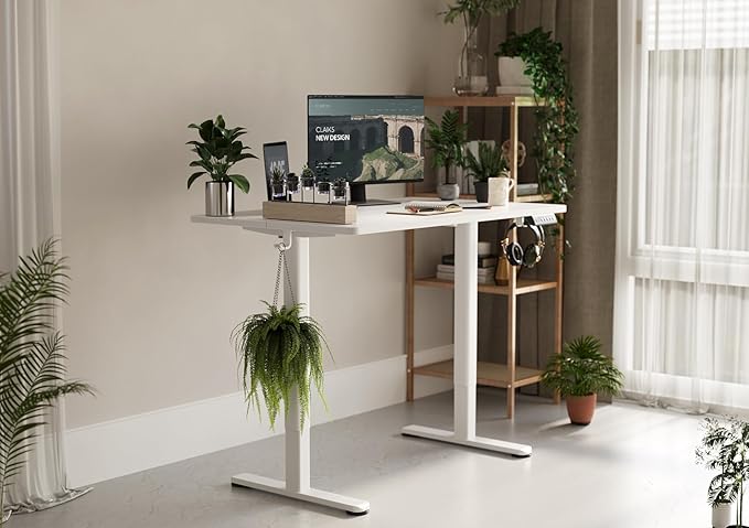 Claiks Electric Standing Desk, Adjustable Height Stand up Desk, 48x24 Inches Sit Stand Home Office Desk with Splice Board, White Frame/White Top