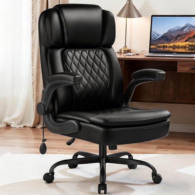 400lbs Executive Office Chair with Flip up Arm,Ergonomic Big and Tall Computer Desk Chairs,Breathable PU Leather Chair with Adjustable Lumbar Support,High Back Ofiice Chair with Pocket Spring Cushion