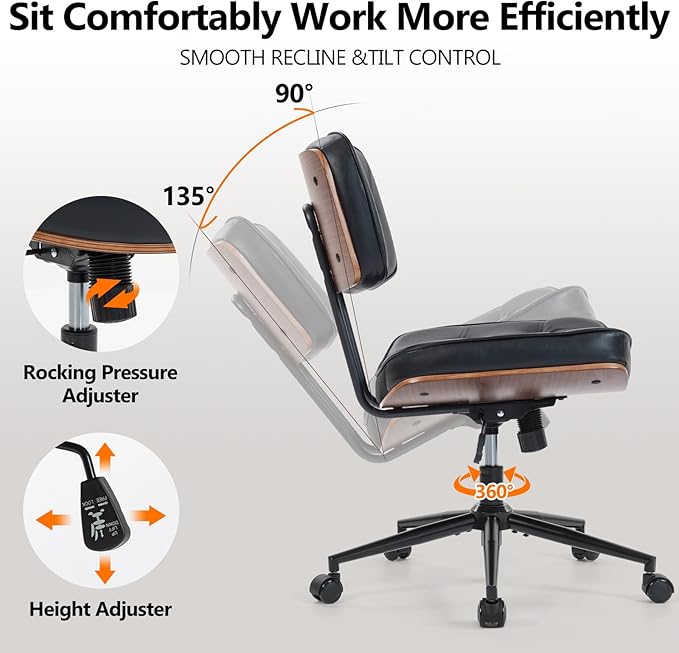 Armless Computer Chair, Small Desk Chair with Wheels and Adjustable Height, PU Leather Modern Swivel Walnut Task Chair for Home Office, Study, Library (Armle, Black)