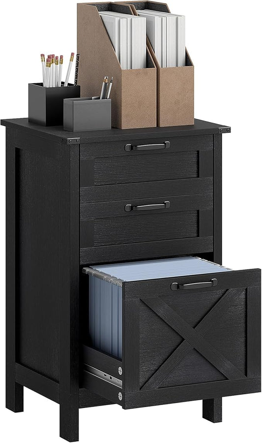 HOMCOM 3 Drawer File Cabinet with Silent Slides, Vertical Filing Cabinet for Hanging A4/Letter Size, Rustic Farmhouse Printer Stand with Storage for Home Office, Distressed Black