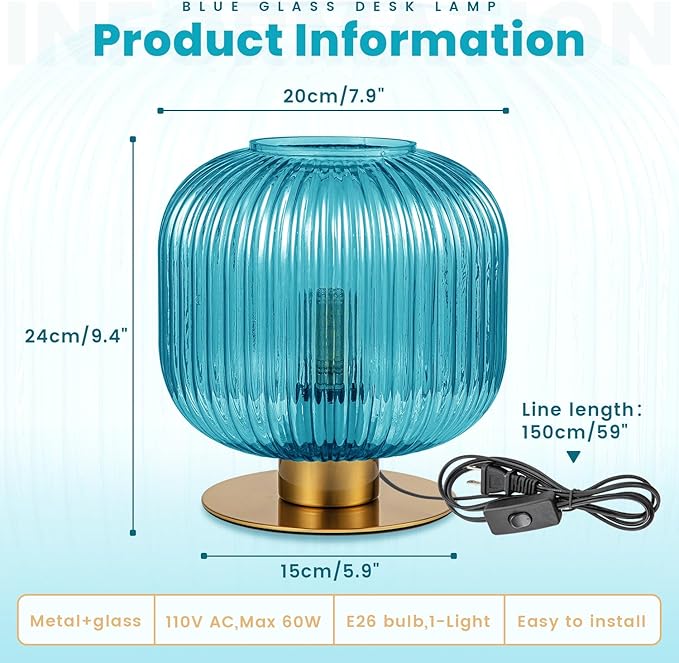 Side Table Lamp for Living Room, Coastal Table Lamps Blue Desk Lamp with Ribbed Glass Globe, Mid Century Modern Gold Bedside Lamp Bedroom Small Nightstand Lamp End Table Lamp