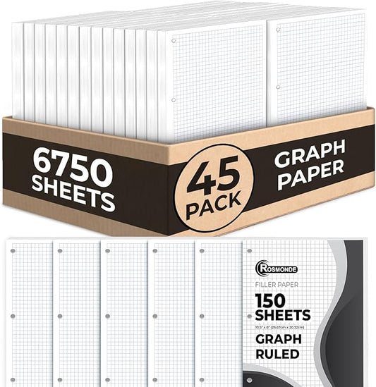 Rosmonde 6750 Sheets Graph Paper Bulk, 45 Pack, Bulk Loose Leaf Paper, 4x4, 8" x 10.5", Bulk Grid Paper, Thick Graphing Paper, Fights Ink Bleed, 3 Hole Punched, Quad Ruled Sheets, Bulk School Supplies
