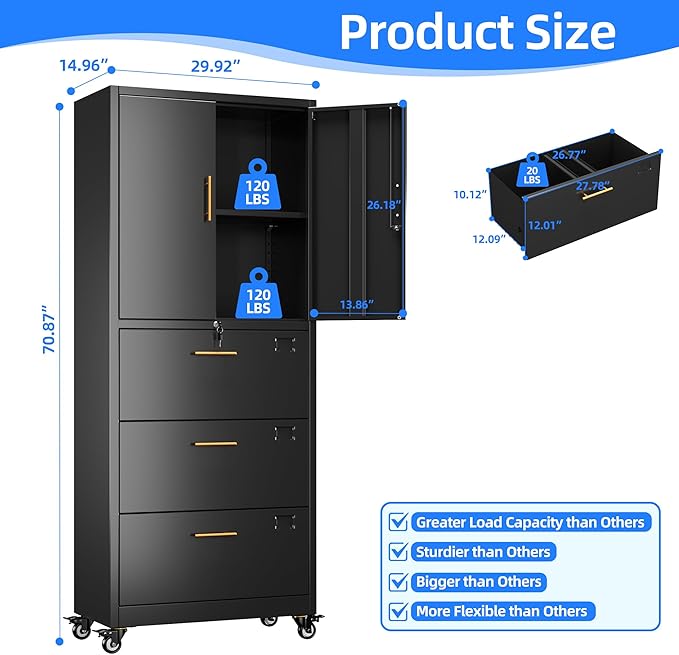 METAN Metal File Cabinet with 3 Drawers and 1 Shelves,Office Filing Cabinet on Wheels with Lock,Office Storage for Letter/Legal Size,Assembly Required,Black