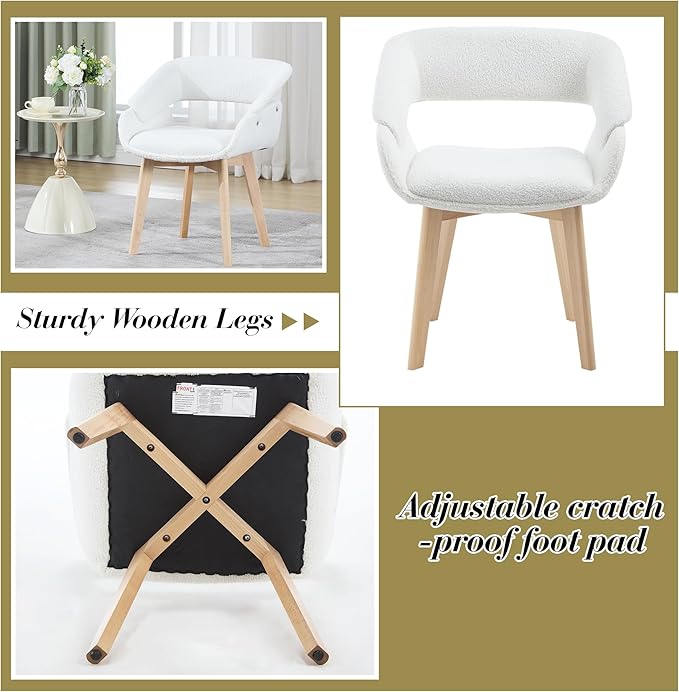 Home Office Desk Chair No Wheels Set of 6, Upholstered Boucle Modern Accent Side Armchair with Wood Legs Hollow-Out Back, for Vanity Living Dining Room Bedroom, Beige