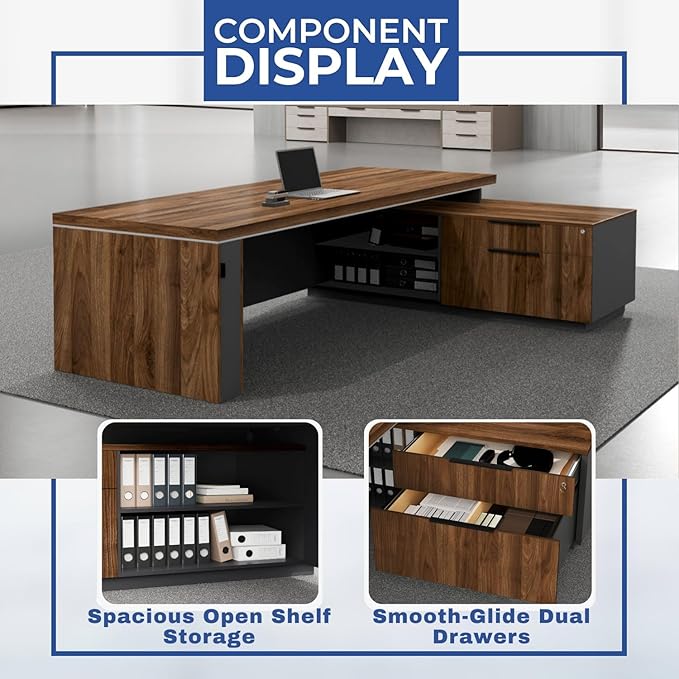 OfficeSimpli Modern L Shaped Executive Desk, 84x72x30 Inch - Made in USA – Ships Mostly Assembled – Home Office Workstation & Business Furniture, Large CEO Desk Table with Cabinets & Lockable Drawers