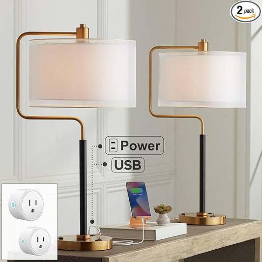 Possini Euro Design Carlyle 30 1/2" Tall Large Mid Century Modern Glam Luxe Desk Lamps Set of 2 USB Port Smart Socket AC Power Outlet Black Gold Metal Shade Home Office Living Room Charging