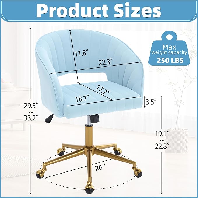 ABET Desk Chair with Wheels, Velvet Home Office Chair, Swivel Armchair Gold Base, Upholstered Modern Accent Chairs, Back Incline Adjustable for Living Room Bedroom Vanity, Light Blue