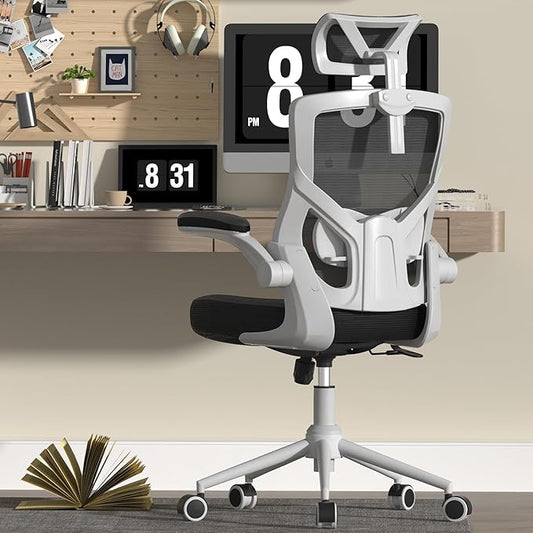 Ergonomic Office Chair with Adjustable Headrest & Lumbar Support - High Back Desk Chair with Flip-Up Arms, 360 Swivel Executive Computer Task Chair (Modern, Black-White Frame)