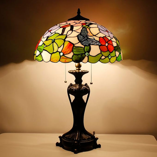 Tiffany Stained Glass Table Lamp 16X16X24 Inch Butterfly Flowers Style Desk Bedroom Living Room Antique Reading Light (Butterfly Flowers)