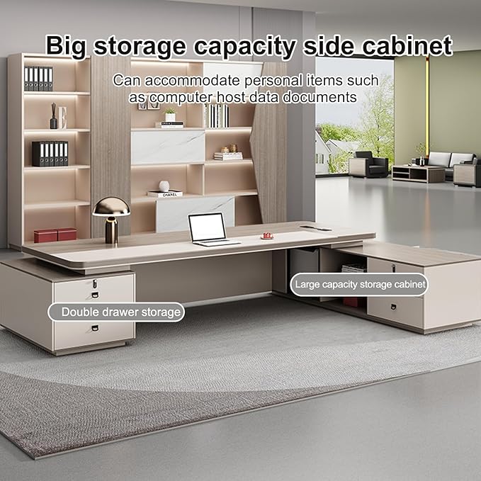 102IN Modern Executive Desk - Executive Office Desk with Large - Capacity Locker & Arc Design & Hidden Multimedia Wire Box & Safety Combination Lock & Privacy Baffle