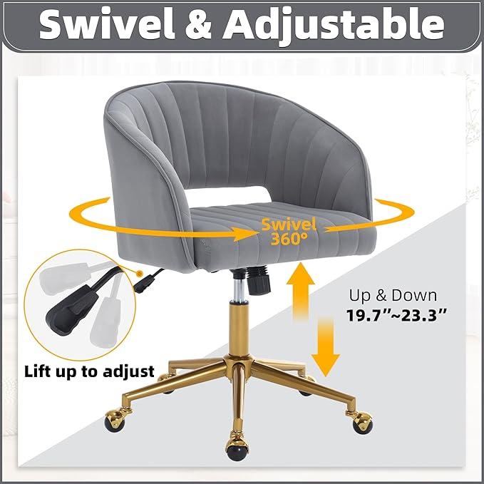 ABET Desk Chair with Wheels, Velvet Home Office Chair, Swivel Armchair Gold Base, Upholstered Modern Accent Chairs, Back Incline Adjustable for Living Room Bedroom Vanity, Grey