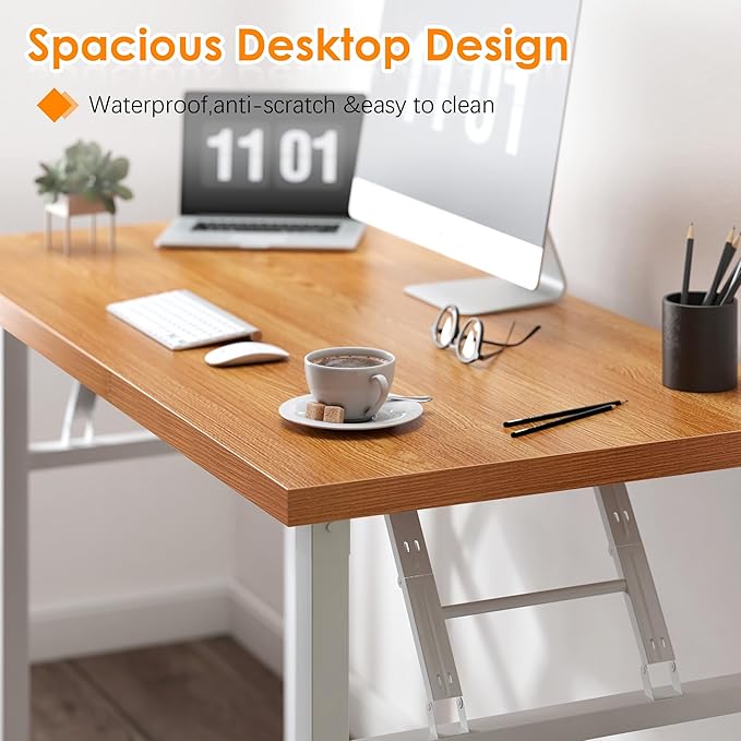 sogesfurniture Small Computer Desk 31.5 inches Folding Table No Assembly Sturdy Writing Desk Folding Desk for Small Spaces, Teak Color Desktop and Black Steel Frame, Teak & White